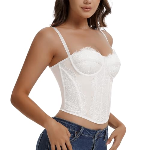 Werkiss Spitzen Korsett Top Damen Vollbrust Corsage mit Träger Corset Tops Sexy Crop Top(Weiß, M)