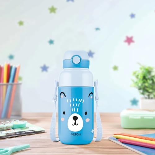 Image of Milton Steel Indus 400 Thermoware PU Insulated, 390 ml Water Bottle with Straw for Kids, Leak Proof Flip Top Sipper Lid Bottle, School, Picnic, Easy to Carry Belt, Blue