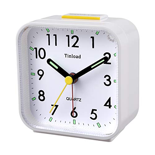 Image of Tinload Small Battery Operated Analog Travel Alarm Clock Silent Non Ticking, Gentle Wake, Ascending Beep Sounds, Snooze,Lighted on Demand, Easy Set(White)