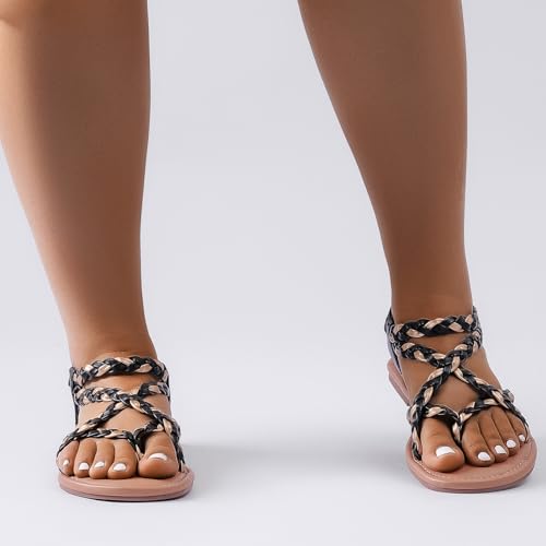 Image of Luoika Women's Wide Width Flat Sandals, Flip Flop Casual Strapy Sandals Slip on Summer Beach Shoes for Women.