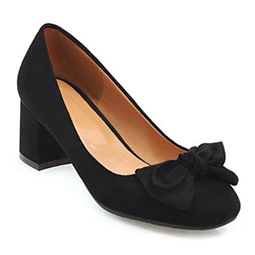 MIOKE Women's Square Toe Chunky Mid Block Heel Pumps Suede Slip-On Casual Comfort Work Office Dress Shoes