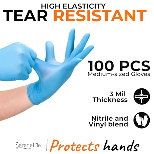 Image of Serenelife 100 count Medium Gloves Nitrile Disposable Latex & Powder Free - Great for Kitchens, Food Handling & Cleaning Supplies - Soft & Comfortable fit - Vinyl & Nitrile blend - Medium -100 Pack