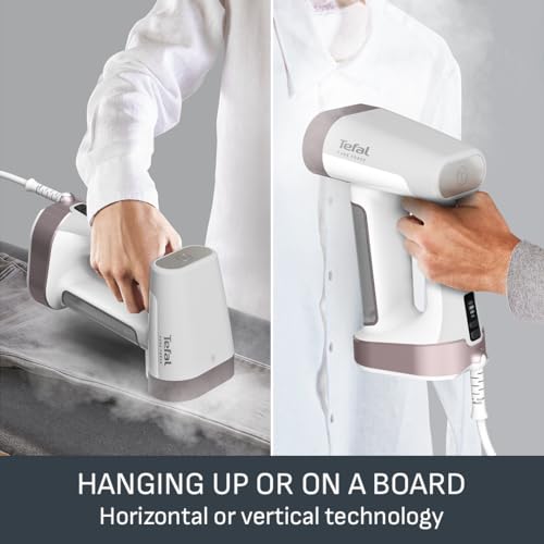 Tefal PureForce 2-in-1 Handheld Garment Steamer, Vertical steaming & Horizontal ironing, Boost & Eco modes, 25 second heat up, 180ml removable tank, 4 steam settings, DT8720G0, Pink and White