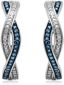 Jewelili Sterling Silver Twisted Hoop Earrings with Treated Blue and Natural White Round Diamonds, 1/6 cttw