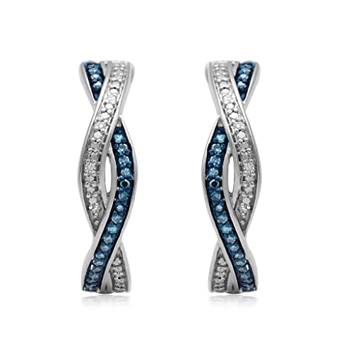 Jewelili Sterling Silver Twisted Hoop Earrings With Treated Blue And Natural White Round Diamonds, 1/6 Cttw #TOP5