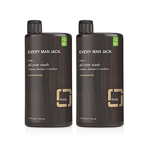 Every Man Jack Men's 3 in 1 All Over Wash Twin Pack - Sandalwood | Naturally Derived, Parabens-free, Dye-free, Gluten Free, Certified Cruelty Free, 50% PCR Bottles | 2 Bottles