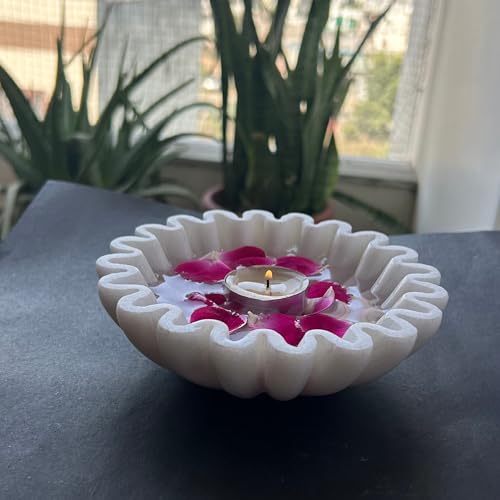 Image of Marble Urli Bowl for Decoration | Big Potpourri Decorative Bowls in Home decor | Large White Floating Flower Plates of Stone | Small Shape puja Item | (6 inch, Ruffle)