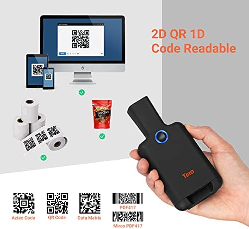Tera 2D Bluetooth Barcode Scanner Wireless Portable Mini Back Clip 2D QR 1D Bar Code Reader with Bluetooth Image Scanning for Android, iOS, Smartphone, Model 0012