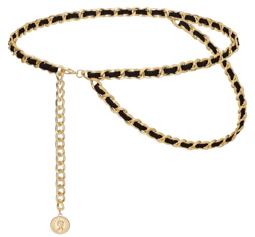 Liutufy Women's Chain Belts Fashion Layered Flocking Cloth Belts Metal Waist Chain for Dress Vest Jeans (2 Gold Black XL)