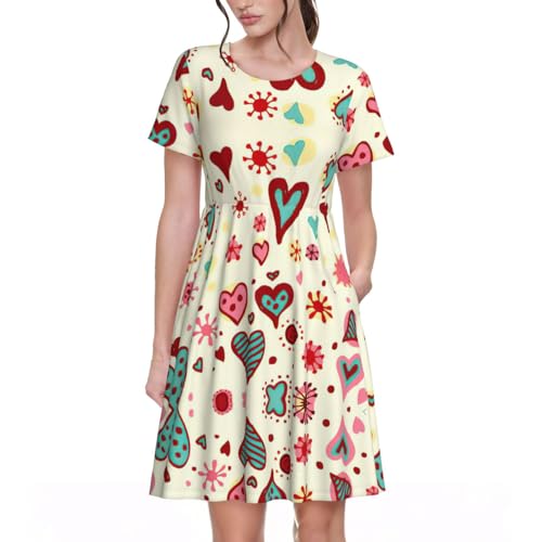 Robe d'été décontractée pour femme avec motif cœur et poches pratiques