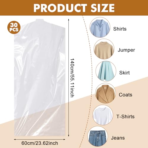 Hejo 30 Stück Kleidersäcke Transparent Kunststoff Kleiderschutzhülle, 60×140cm Waschbare Kleiderhülle, Staubdichter Kleiderschutz, Hängende Kleider Schutzhülle für Anzüge Kleidung (Durchsichtig)