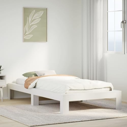 HaoChrymec Cama de Madera Maciza de Pino, Base de Láminas con Espacio de Almacenamiento, Cama Individual Ideal para Dormitorios Juveniles o Infantiles, Color Blanco, 75x190 cm