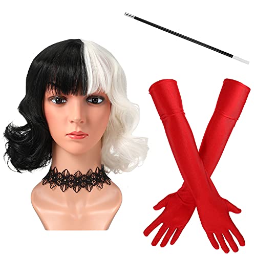 Black and White Wig for Women Cosplay Short Bob Wavy Curly Wig Halloween Costume Wig Lady Costume Wig 1920s Cosplay Accessories Wig Set with Red Long Gloves Black Choker Necklace