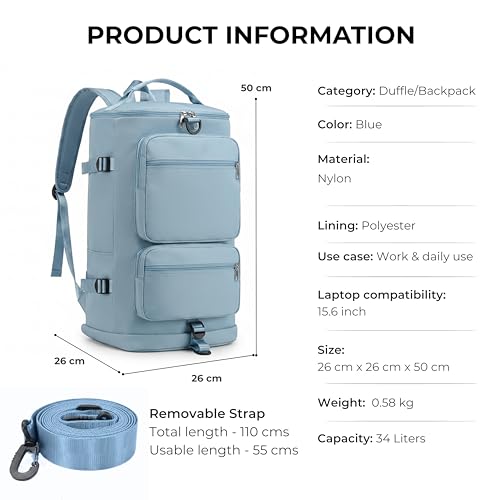 Image of POPCUBE 2in1 Nylon 26cm Lightweight Waterproof Backpack Duffle Bag w /Shoulder Straps, Small Rucksack Travel Bag for Men&Women w /Wet Pocket & Shoe Compartment(50x26x26cm) (Blue, 34 L Bucket)