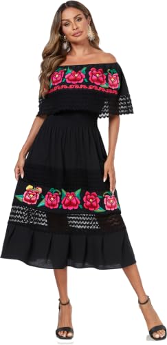 Image of YZXDORWJ Women Embroidered Mexican Peasant Casual Sexy Lace Off-Shoulder Long Dress