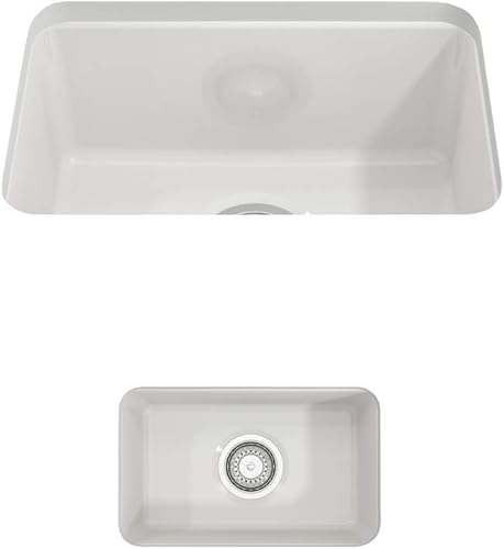 BOCCHI Sotto - Fregadero de barra de doble montaje de arcilla refractaria de 12 pulgadas con colador en color blanco