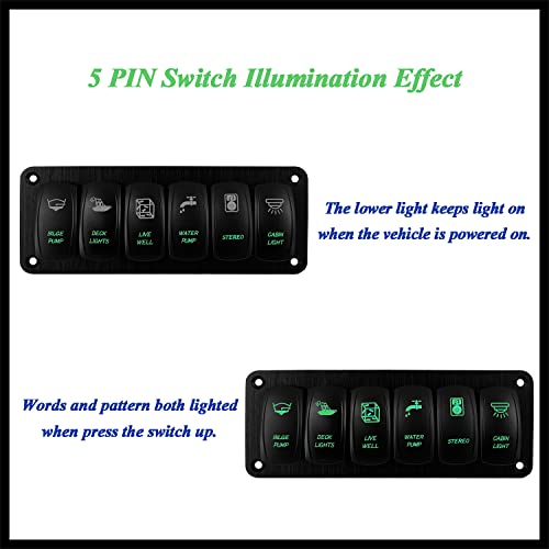 Image of 6 Gang UTV Rocker Switch Panel Pre-Wired Aluminum Green Led Marine Grade Boat Switch Panel for Truck Pontoon Camper ATV Console Waterproof 12V 24V IP66