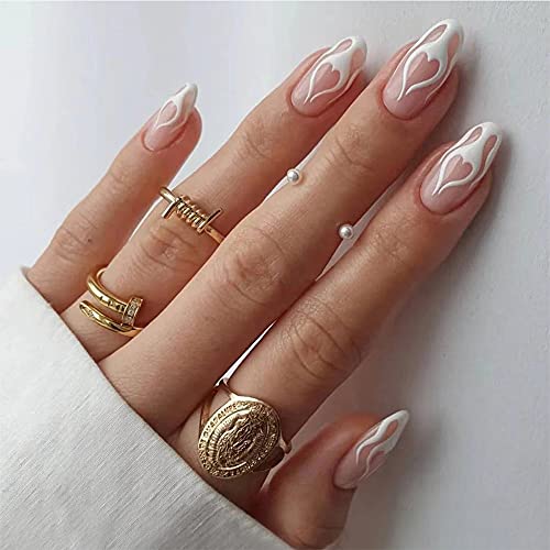 Glossy Short Medium Oval Press on Nails with Designs,Pink Acrylic Nails Press on,Stick on Nails for Women,Artificial Glue on Nails,Fake Nails with White Flame Pattern for Nail Art Decoration,24PCS