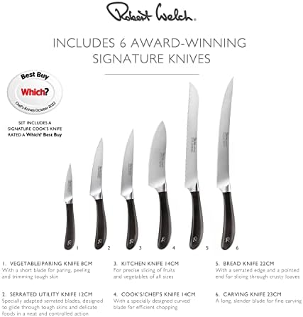Robert Welch Signature Knife Block Set. Includes 6 Signature Kitchen Knives and an Integrated Ceramic Wheel Knife Sharpener.