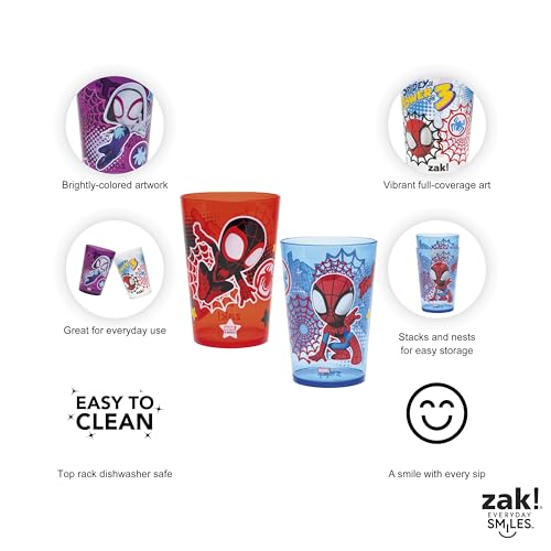 Image of Zak Designs Marvel Spider-Man Nesting Tumbler Set for At Home, 14.5oz Non-BPA Plastic Cups, 4-Pack (Spidey and His Amazing Friends)