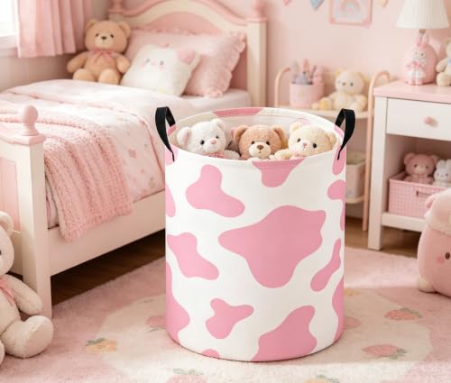 Image of Baby Laundry Basket Baby Nursery Hamper Kids Laundry Basket Toy Storage Bin for Boys Room Decor Gift Baskets for Bedroom Bathroom(Pink Cow)