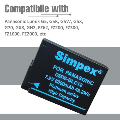 Image of Simpex DMW-BLC12 Lithum-ion 6000mAh Rechargeable Battery for Panasonic Lumix FZ200, FZ300, FZ330, FZ1000, FZ2000, FZ2500, GH2, G5, G6, G7, G80, G85, GX8.