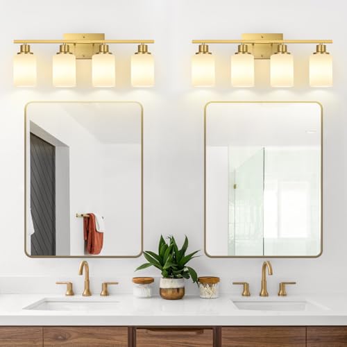 Image of Indoi 4-Light Bathroom Light Fixtures, Brushed Gold Modern Vanity Lights with Milky White Shades, Bathroom Wall Lamp for Mirror Living Room Cabinet Bedroom Porch