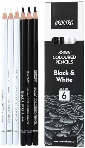 BRUSTRO Artists Coloured Pencils | Black & White | Set of 6 (3 Whites and 3 Blacks) | Ideal for Students and Adults, Color, Sketching, Shading, Drawing, Blending, Mandala Art, School, Office Use