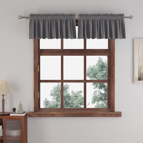 Small Tiers Grey 2 Pack Faux Linen Textured Kitchen Short Small Mini Window Curtains Valance 10 inches Length Privacy Home Decor Classic Cafe Basement Living Room/Bedroom 34W by 10L Rod Pocket