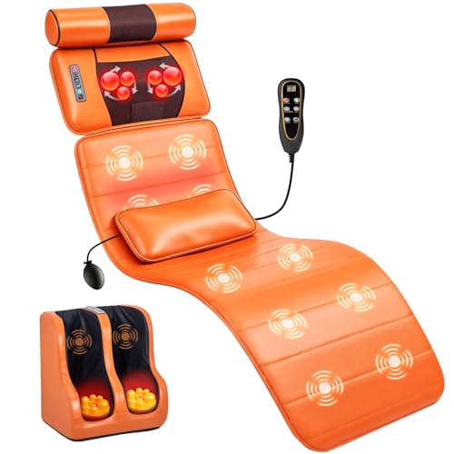 Upgraded Full Body Massage Mat with Calf Vibration and Foot Massager, Shiatsu Back Massage Pad with Neck Pillow and Lumbar Airbag, Multi-Zone Vibrating Mat for Body Shoulder Back Legs for Muscle Relax
