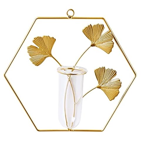 YHNHT Wall Hanging Flower Vase Geometric Glass Test Tube Planter with Metal Frame Hanging Terrarium Container for Propagating Hydroponics Home Garden Office Decoration, Hexagon Cover