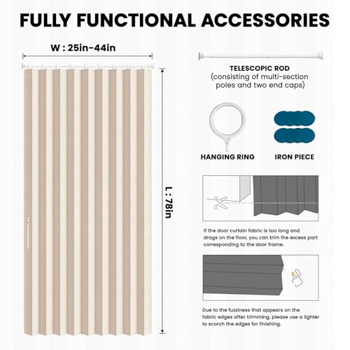 Image of AJAZZ Blackout Accordion Door with Curtain Rods Adjustable 28-39 inch Long Invisible Sliding Glass Door Curtain for Bedroom Living Room Doorway Curtain Sets (1 Pack, 44 W x 78 L, Cream Yellow)