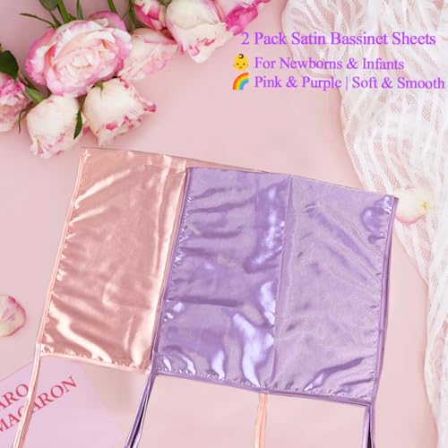 Okueejur 2 Pcs Satin Bassinet Sheet Baby Hair Protect Soft Silk Feeling Sheet Baby Bassinet for Rectangle Cradle Pad Mattress Newborn Infant (Pink+Purple)