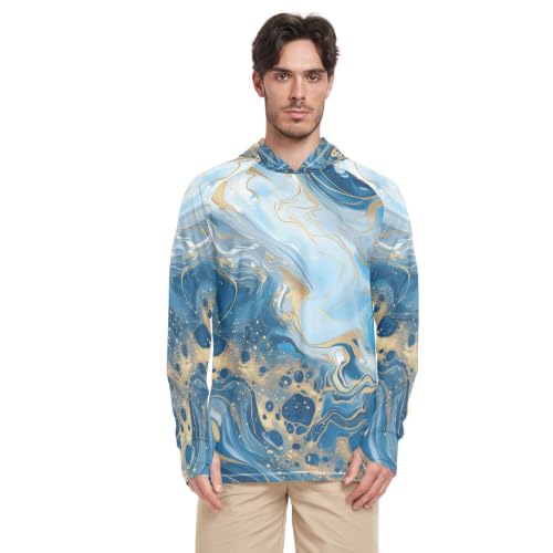 T-Shirt de Pêche et Running Homme UPF 50+ - Rash Guard à Manches Longues Anti-UV Col Rond Bleu Or