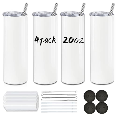 Kocdam 4 Pack Sublimation Tumblers with Lids and Straws, 20oz Stainless Steel Double Wall Sublimation Tumblers Skinny, Polymer Coating for Heat Transfer