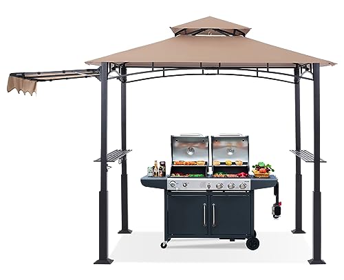 ABCCANOPY Grill Gazebo with Extra Awning - 11x5 Outdoor BBQ Canopy Shelter with 2 Led Lights for Patio Backyard Grilling (Khaki)