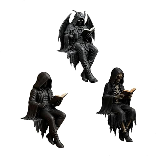 Gothic Dark Fantasy Figure,Hooded Shadow Reader Statue,Mystery Reading Figurines Sitting Sculpture,Resin Sitting Reaper Reading Book Sculpture For Book Lovers Gothic Art Collectors Home Decor (ABC#)