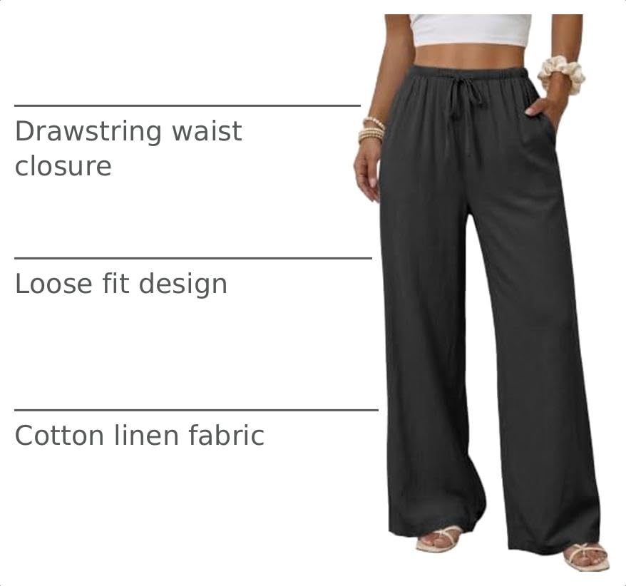 Image of Duyang Womens Cotton Linen Palazzo Pants Drawstring Elastic Waist Casual Wide Leg Trousers with Pockets