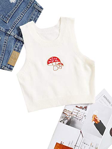 Shein Women's Embroidery Sleeveless Crop Tanks Tops Round Neck Knit Casual Vest White Mushroom Medium #TOP4