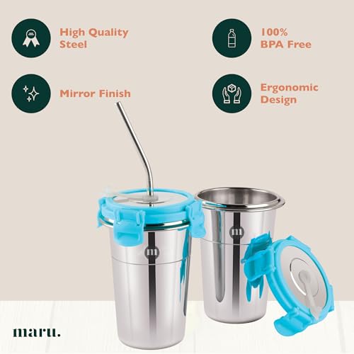 Image of MARU Stainless Steel Tumbler 400ml with Lid, Reusable Straw & Cleaning Brush - Durable, Leakproof & Portable Drinking Cup - Ideal for Travel, Office & Home (Blue Set of 1)