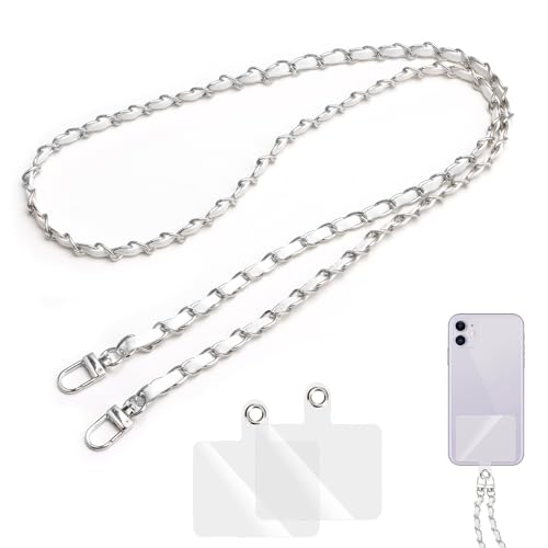 Miunpri Cadena para teléfono móvil con 2 parches de repuesto, piel sintética y aluminio, correa universal, cometa larga, antipérdida, correa larga para la mayoría de smartphones, color blanco, Blanco,