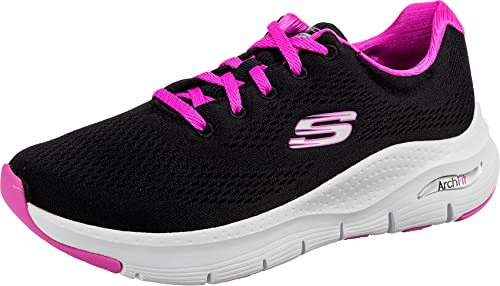 Skechers 0. Tenis para mujer, Malla negra con ribete fucsia, 38.5 EU