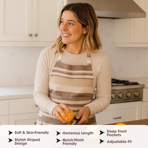 Image of Unisex Cooking Aprons | Waterproof Apron | Striped Design with 2 Front Pockets & Adjustable Neck Strap | Durable, Oil & Stain Resistant | Chef Apron for Cooking