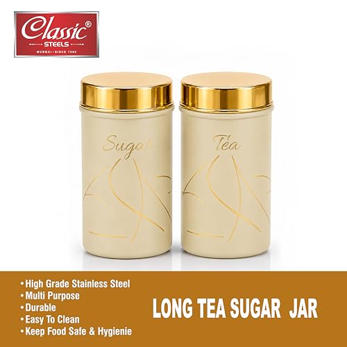 Image of Classic Steels Premium Long Tea & Sugar Canister Set (850ml) (Cream) | Airtight Kitchen Canisters Stainless Steel Storage Jars with Gold Lid & Label | Matte Finish Kitchen Storage Container Set