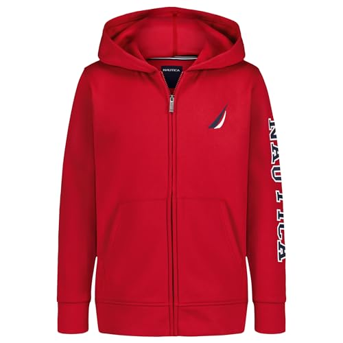 Nautica Boys' Long Sleeve Fleece Full Zip Hoodie, Comfortable, Relaxed Fit, J-Class Duo Rio Red, 14-16