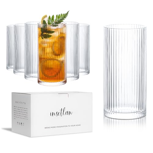 INSETLAN 370ml Geriffelte Longdrinkgläser 6er Set Wassergläser Trinkgläser| Ideal für Whisky, Bier, Säfte, Eiskaffee & Cocktails | Spülmaschinenfest | Hochwertige Trinkgläser & Cocktailgläser