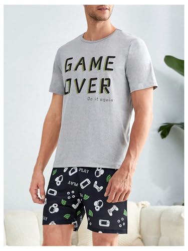 WDIRARA Men's Slogan Graphic 2 Piece Pajama Set Short Sleeve Sleepwear Lounge Shorts Sets3