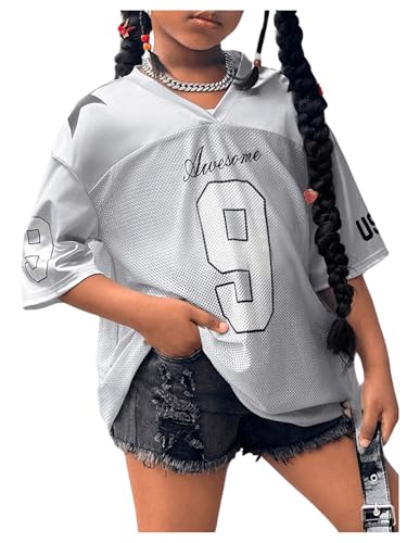 Girl's Oversized T Shirts Letter Number Mesh Jersey Tops Short Sleeve V Neck Drop Shoulder Tees