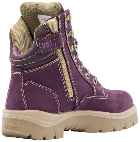 Image of STEEL BLUE 100% COMFORT Women's Southern Cross Zip 6-Inch Steel Toe Work Boot with PR Midsole, Side Zip, TPU Outsole, Trisole Cushioning, ASTM F2413 - Purple, Size 8 W | Industrial side zip lace up boot featuring a PR Midsole for underfoot protection and a TPU outsole