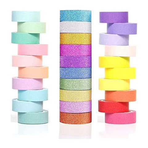 Phantomon Washi Tape Set 30 Rolls 15mm 0.6 inch Wide Decorative Masking Tape Multi-Purpose Tape in Solid, Glitter Rainbow Color Tape DIY Cover